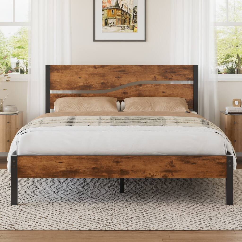 Javlergo Metal Platform Bed Frame with Wooden Headboard and Footboard Farmhouse Rustic Platform Bed Frame No Box Spring Needed