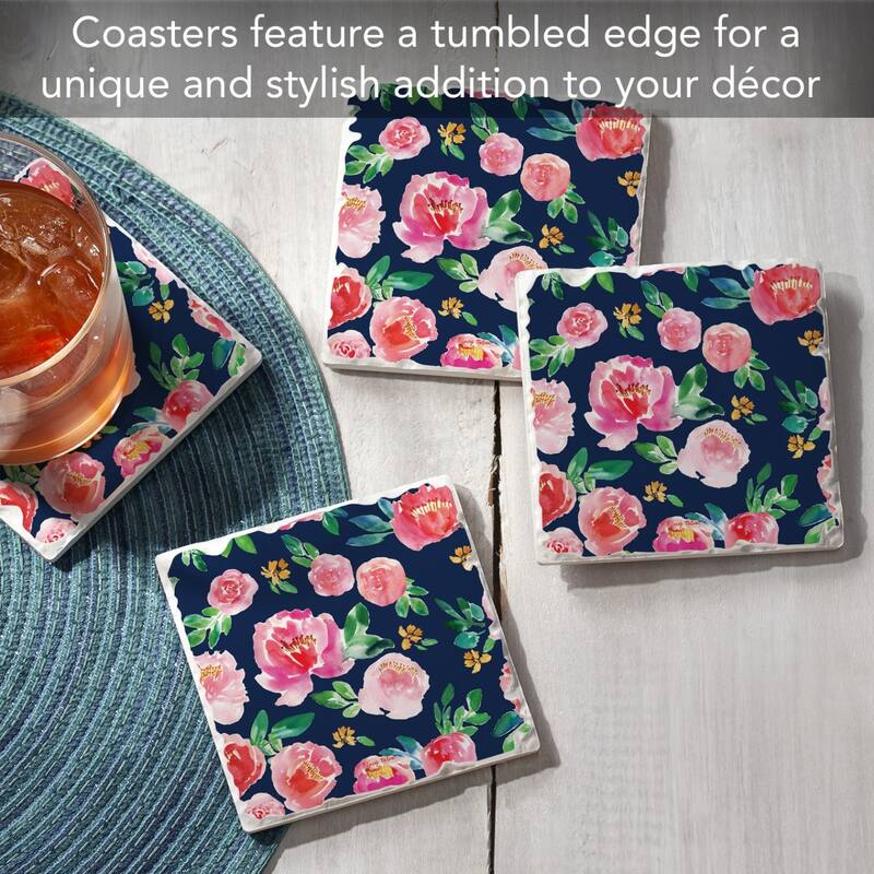 Spring Garden Floral 4-Pack Absorbent Stone Coasters with Protective Cork Backing 4" Square Made in The USA Easily Wipes Clean