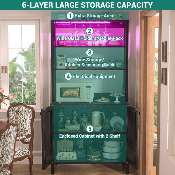 67" Tall Wine Bar Cabinet Liquor Cabinet with LED Lights ＆ Glass Holder ＆ Power Outlets,5-Tiers Corner Utensils Display Cabinet