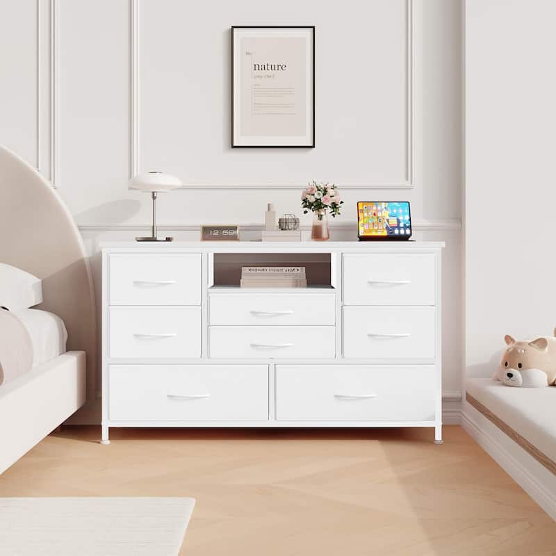 8-Drawer Fabric TV Stand with LED Lights & Built-in Power Outlets - White