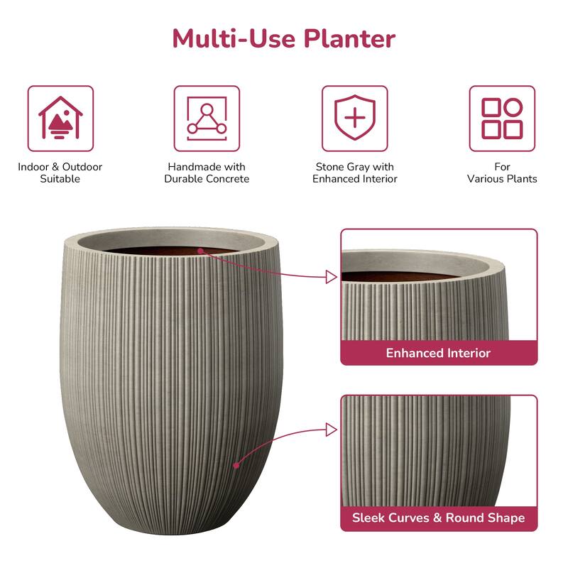 Concrete Round Fluted Planter Pot Barrel-Style with Drainage Holes