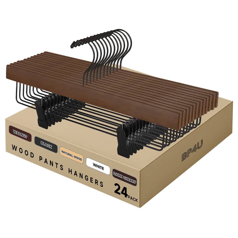 BP4U Premium Wooden Pants Hangers with Adjustable Clips, Solid Wood Skirt Hangers for Jeans, Slacks, Dresses - 24-Pack - Walnut