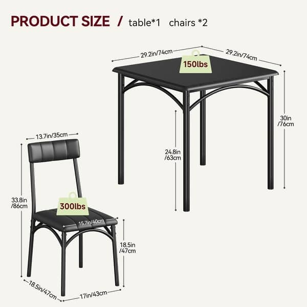 dimension image slide 2 of 3, 3 Pcs Dining Table Chair Set , Compact Kitchen Table with 2 Upholstered Chairs - 29.2x29.2x30in