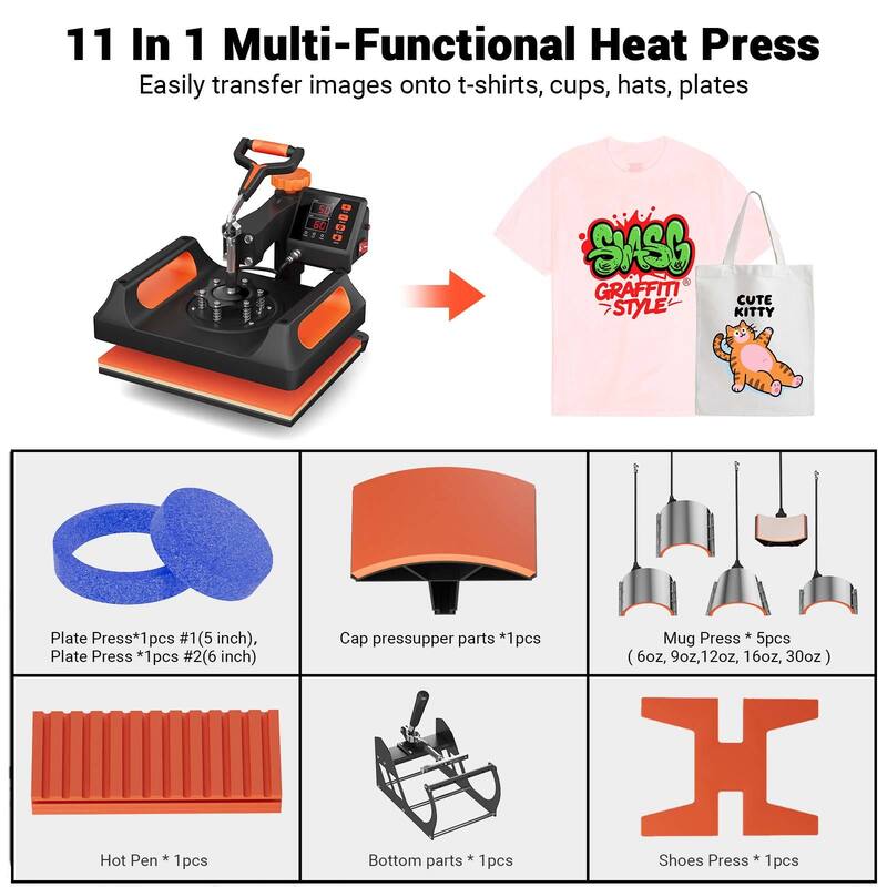 11 in 1 Heat Press Machine, 360° Swing Away Shirt Press Machine - Digital Professional Heat Transfer Tshirt Press Machine