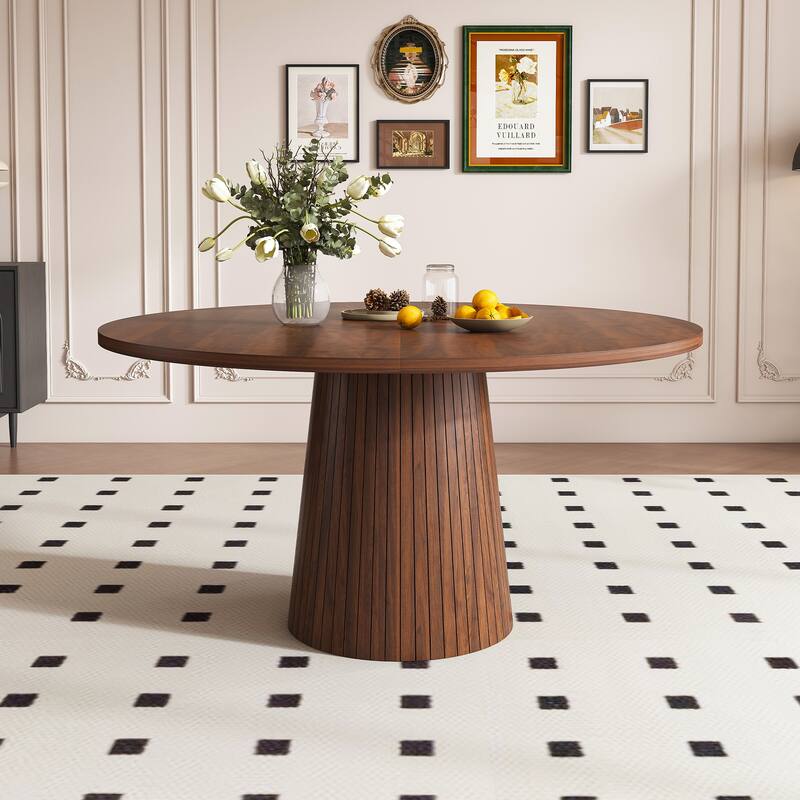 47 Inch Round MDF Dining Table for 4 - Modern Farmhouse Kitchen Table with Wood Strip Base