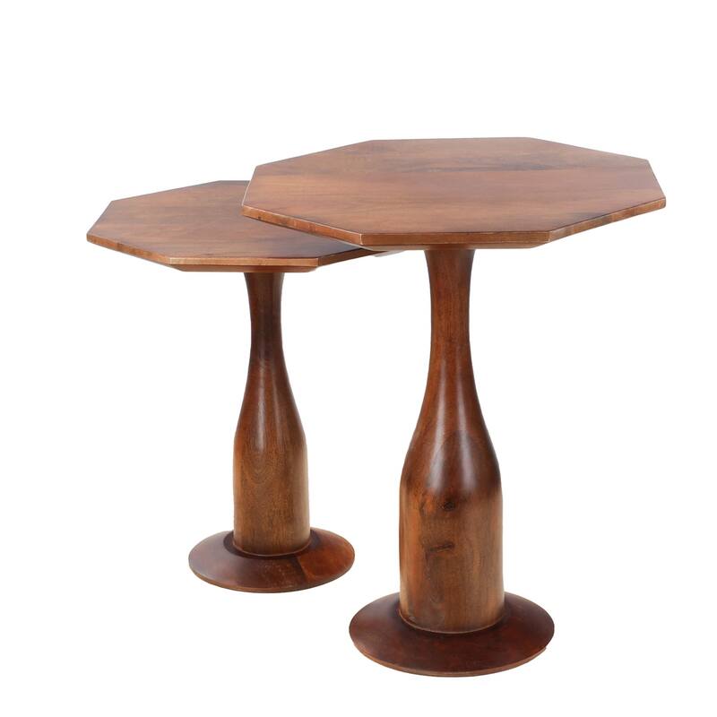 Set of 2 Hexagon Accent Tables with Mango Wood Tops and Pedestal Bases