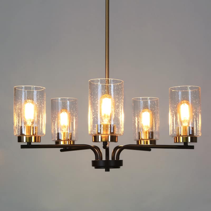 Modern Farmhouse 5-Light Black Gold Cylindrical Seeded Glass Shade Chandelier Wheel Pendant Lights for Dining Room - 24"D