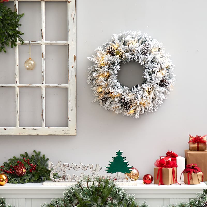 20" Flocked Artificial Christmas Wreath with 35 Warm White LED Lights - Green - 20