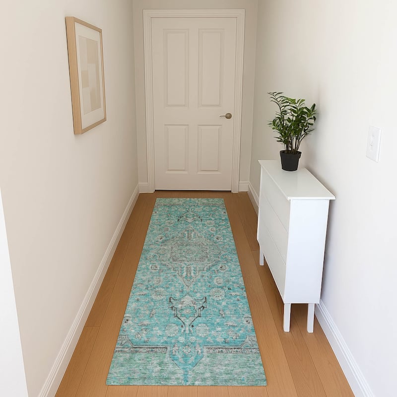 Premium Washable Super Soft Vintage Traditional Mayfield Rug - Aqua - 2'3" x 7'6"