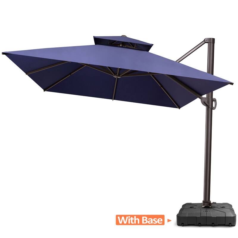 Pellebant 10FT x 13FT Outdoor Patio Offset Umbrella 360 degrees Rotation with Base - Navy Blue