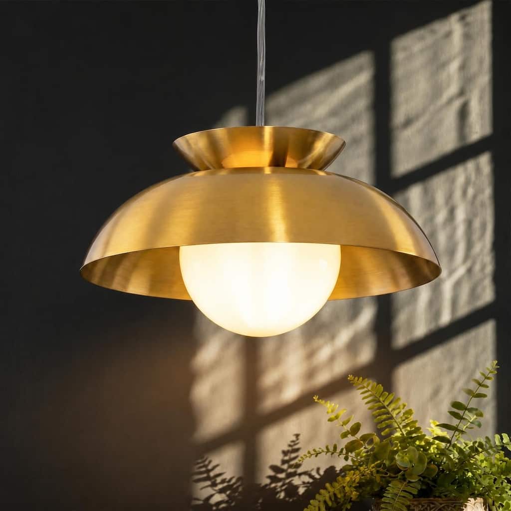 1-Light Antique Brass Finish Metal Modern Pendant Light Fixture with Opal Glass Shade for Dining Room or Kitchen Island