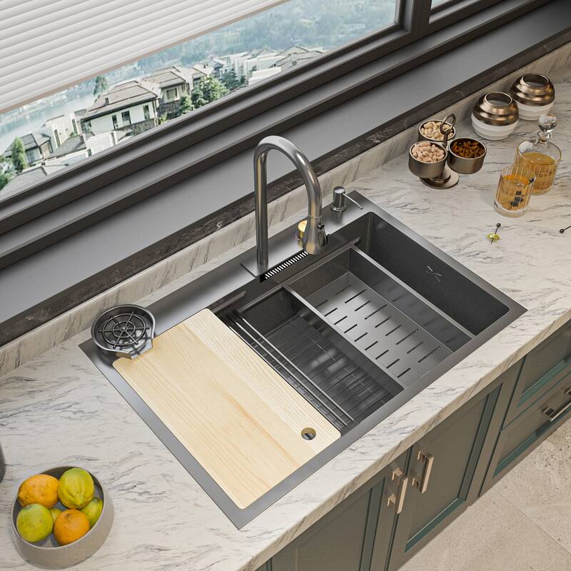 All-in-One Stainless Steel 33.2 in. Bowl Kitchen Workstation Sink