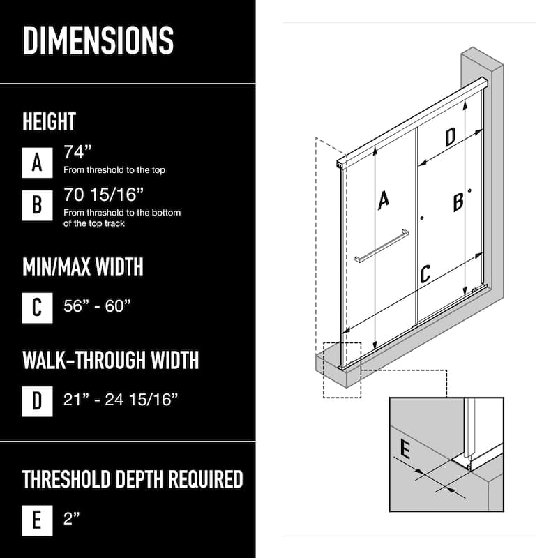VIGO Satro E-Class 52 to 60 in. W x 74 in. H Semi-Frameless Double-Sliding Shower Door with Clear Tempered Glass