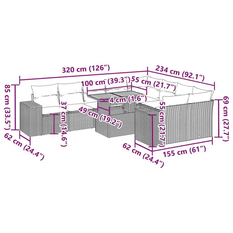 vidaXL Patio Sofa Set with Cushions Table and Sofa Modules 10 Piece Poly Rattan - 21.7 x 24.4 x 27.2