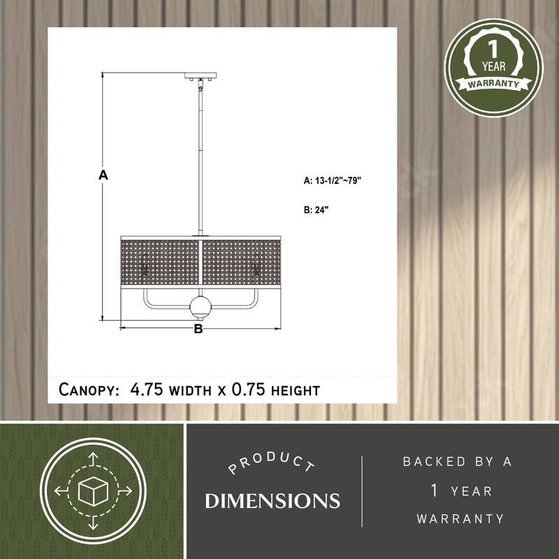 Berens 5 Light Matte Black Modern Farmhouse Drum Pendant Fixture with Rattan Cane Shade - 24-in W x 13.5-in H x 24-in D