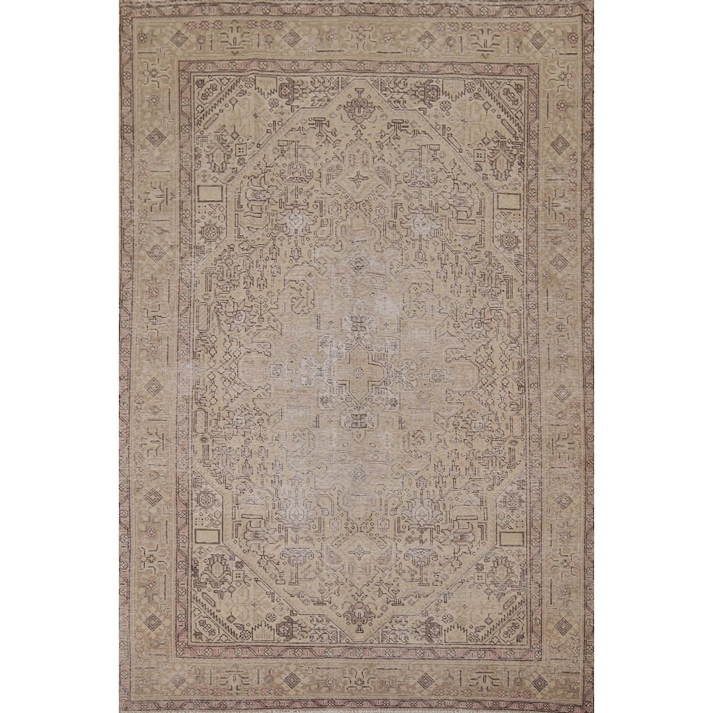 Distressed Tabriz Vintage Persian Area Rug Hand-Knotted Wool Carpet - 6'4" x 9'6"