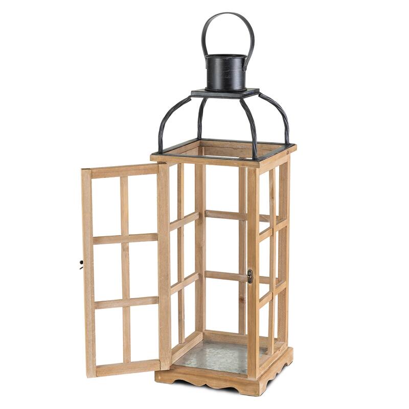 Glitzhome Farmhouse Wooden Metal Cage Candle Holders Patio Hanging Vintage Lanterns (Set of 2)