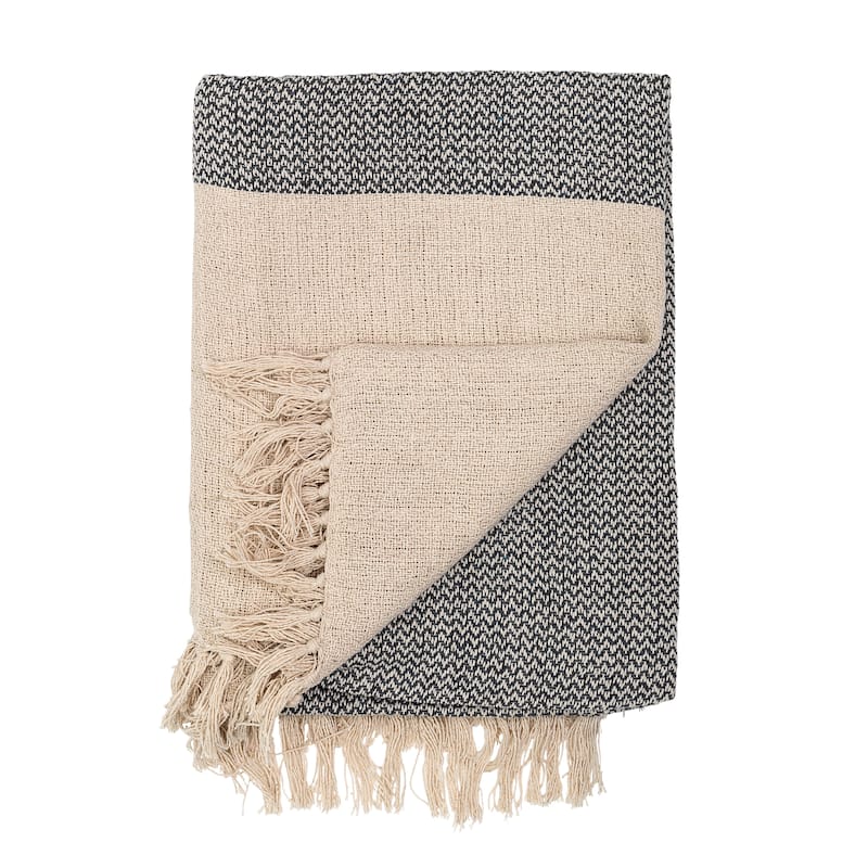 Cotton Blend Knit Throw with Fringe - Black