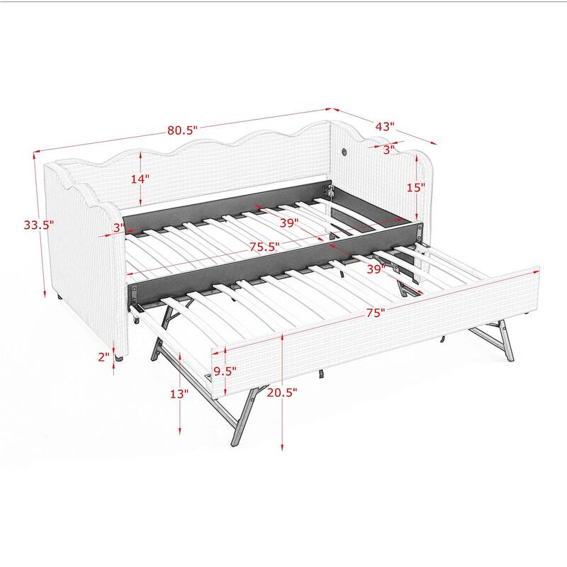 Roomfitters Gingham Daybed with Trundle, Twin Upholstered Sofa Bed with USB Port and Wave Edge Design
