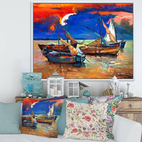 Designart "Fishing Boats on The Water With Dark Blue Sky I" Lake House Framed Canvas Wall Art Print