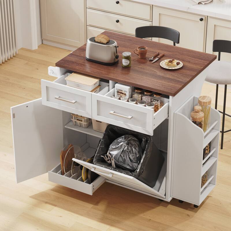 Kitchen Island with Drop Leaf, Kitchen Storage Island with Removable Side Racks, Two Drawers - White