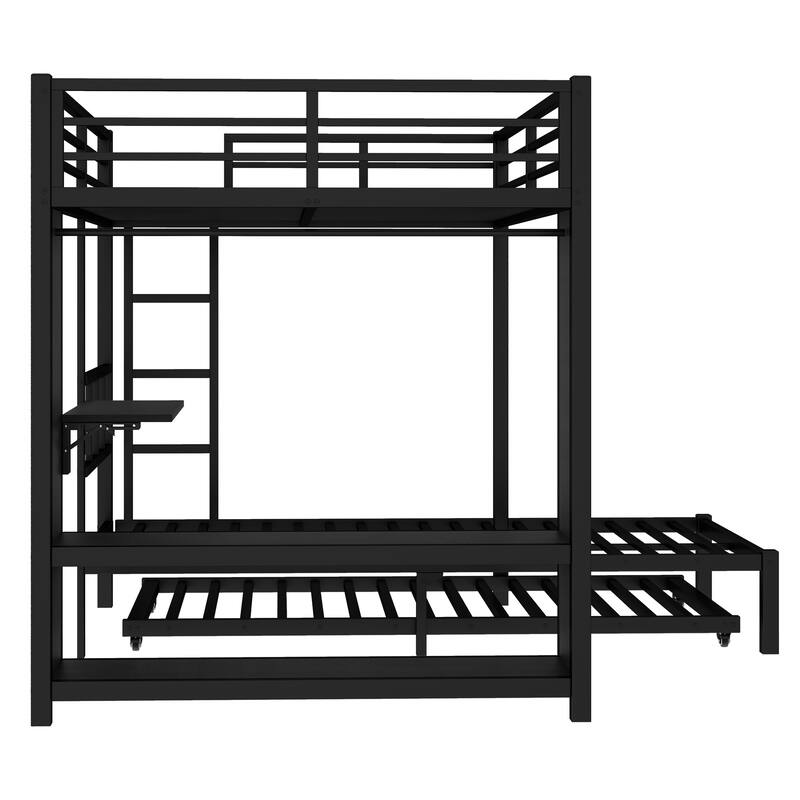 Full-over-Twin Metal Bunk Bed with Built-in Wardrobe, Trundle and Foldable Desk