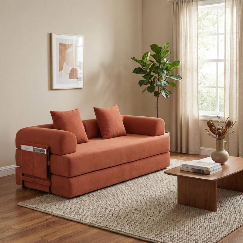 Homylin Convertible Foldable Sofa Bed with Metal Frame, Corduroy 2-Seat - Orange