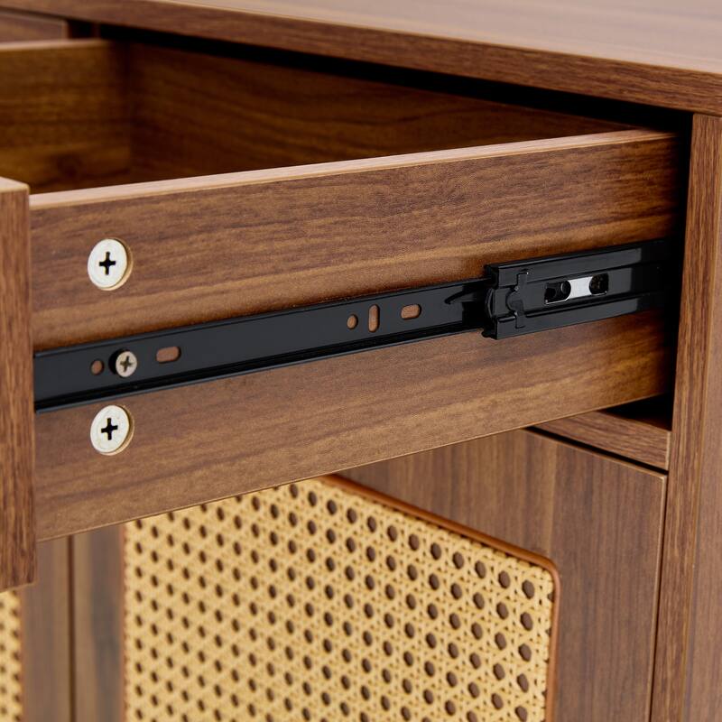 Rattan Weaving Shoe Cabinet, Multi-Functional Shoe Rack Organizer, Sideboard Buffet with Top Drawers & Lower Cabinet Doors