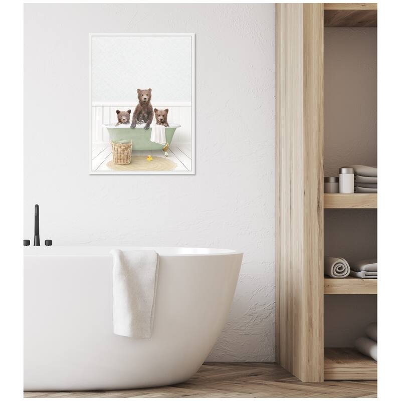 Kate and Laurel Sylvie Three Bear Cubs in Cottage Green Bath Framed Canvas by Amy Peterson