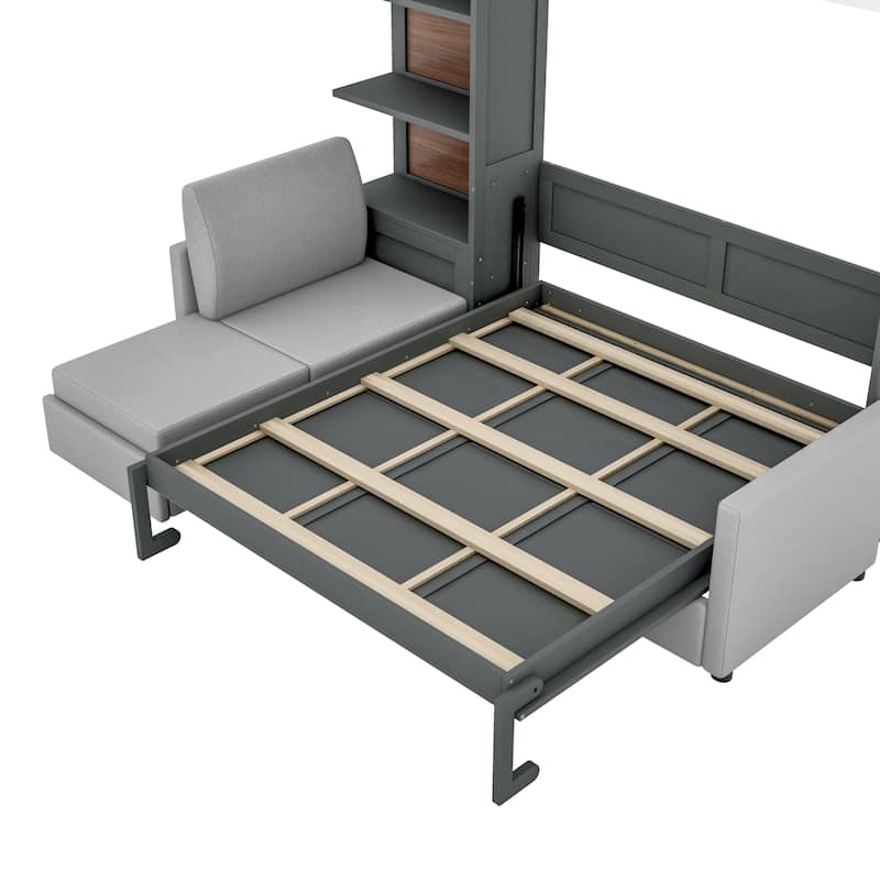 Convertible Queen Murphy Wall Bed with Sectional Sofa & 4-Tier Bookcase by Harper&Bright Designs
