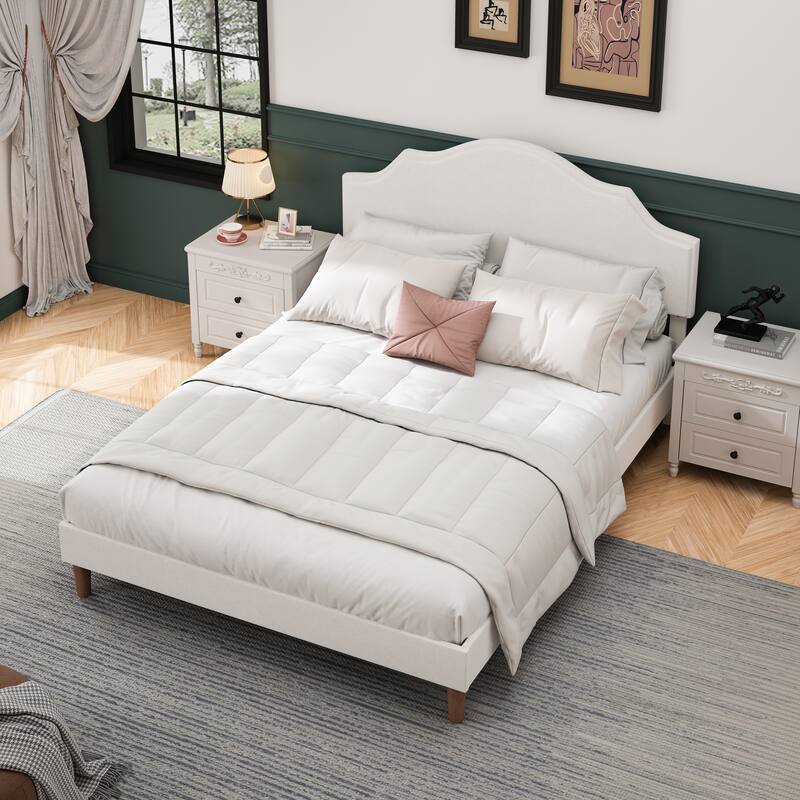Queen Size Bed Frame Upholstered Platform Bed with Adjustable Headboard,Linen Fabric Padded, Modern Simple Style Platform Bed