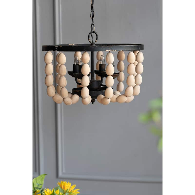 4 - Light Wood Chandelier, Hanging Light Fixture with Adjustable Chain for Kitchen Dining Room Foyer Entryway, Bulb Not Included - Cream