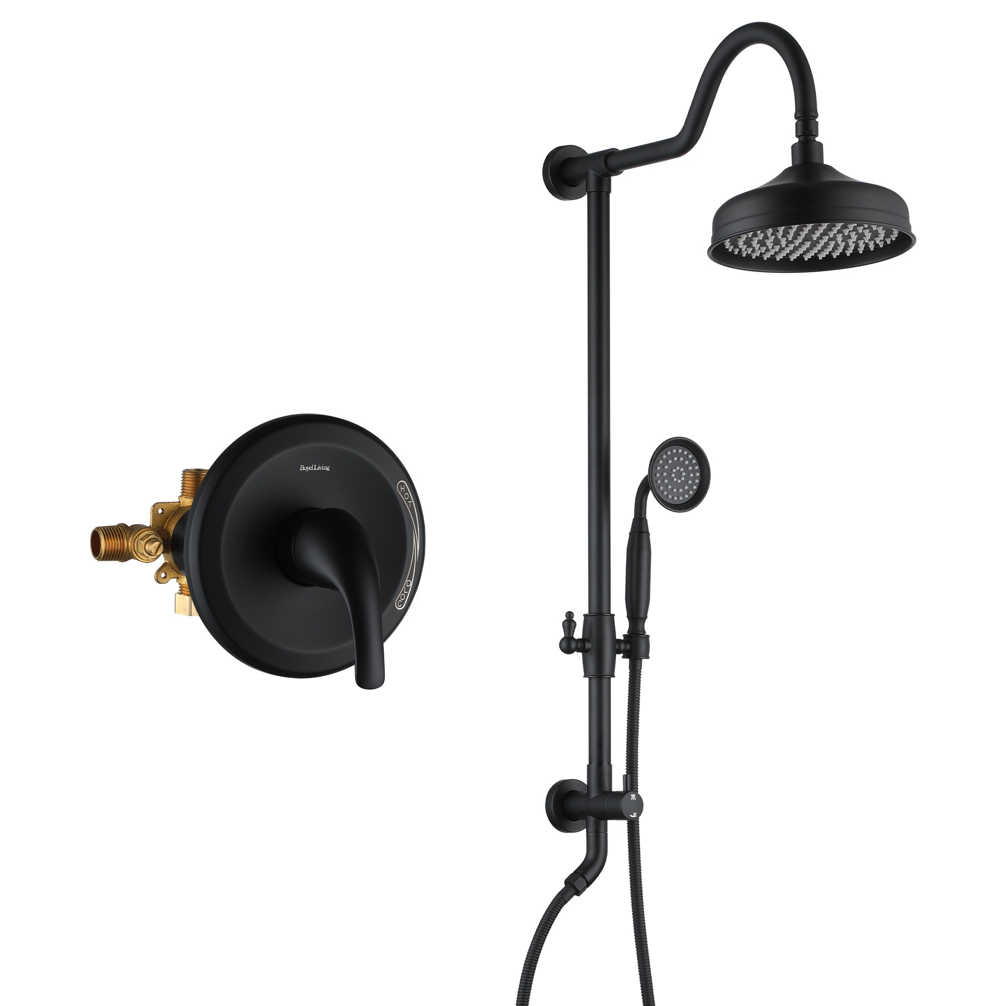 CASAINC Exposed Pipe Shower System with 8-In Rainfall Shower Head and Handheld Shower