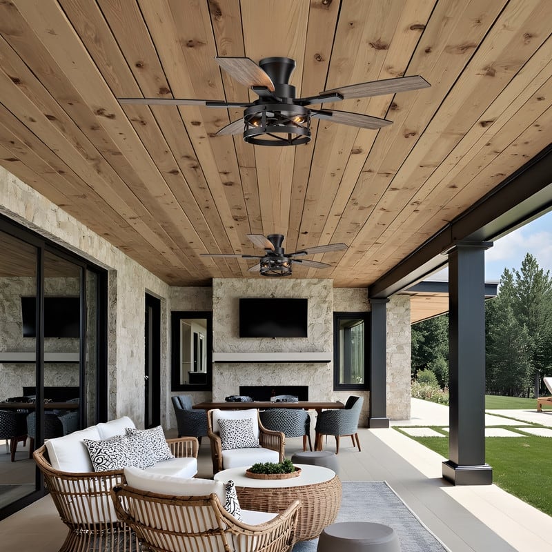 52 Inch Farmhouse Ceiling Fan with Light and Remote Black Industrial Caged Ceiling Fans for Living room - 52 in.