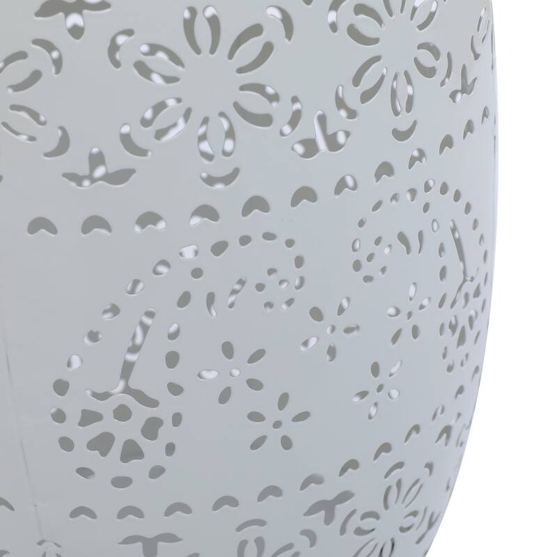 Sola Side Table, Solar Powered Light, 18 Inch Barrel Shaped White Iron