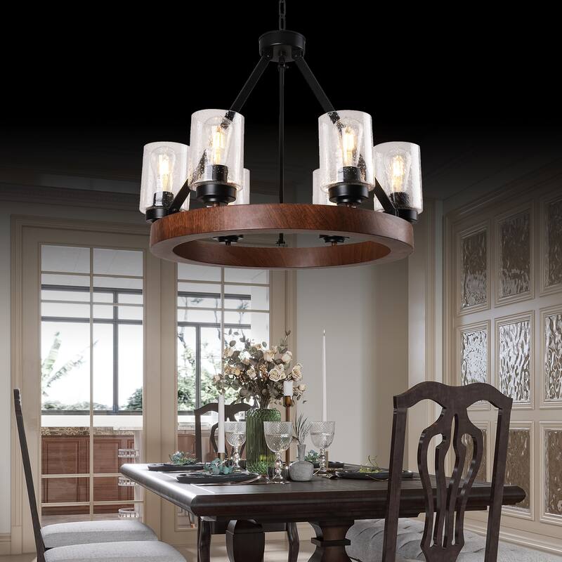 25.2-Inch Modern Farmhouse Chandelier for Dining Room, Black Rustic 6-Light Fixture with Clear Glass Shades
