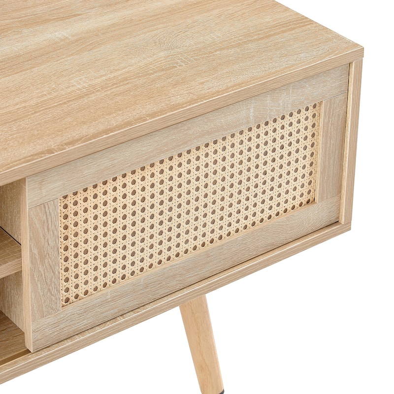 55.12" Rattan TV cabinet, double sliding doors for storage, adjustable shelf, TV console