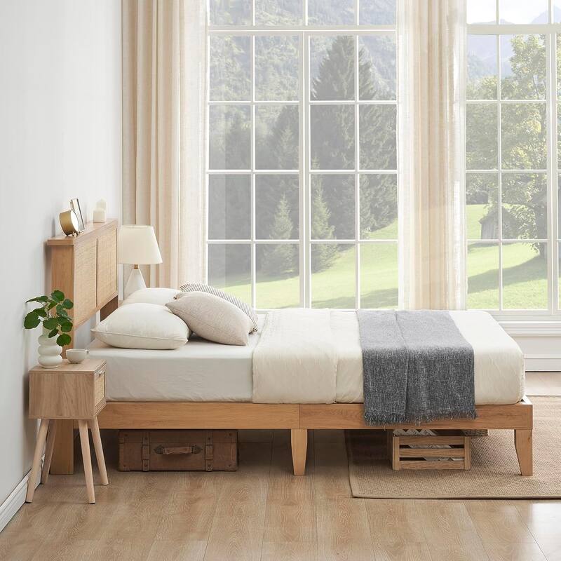 Rattan Platform Bed Frame with Boho Headboard, LED Lights, Solid Wood Foundation, No Box Spring Needed