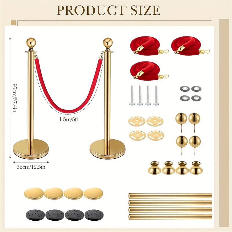 4PCS Gold Pole+3PCS Red Velvet Hanging Rope,Ball Top Posts,Solid Base