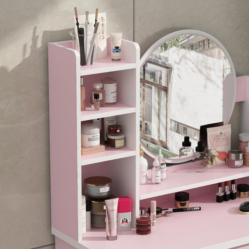 Makeup Vanity Set Dresser w/Mirror Stool 5 Drawers - White/Pink/Black - 31.5"L x 15.7"W x 52"H