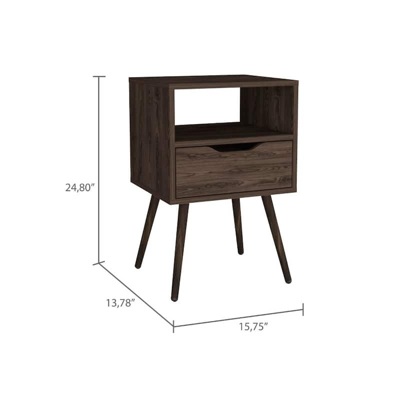 Nightstand 25"H, Superior Top, Four Legs, One Open Shelf, One Drawer, Dark Walnut