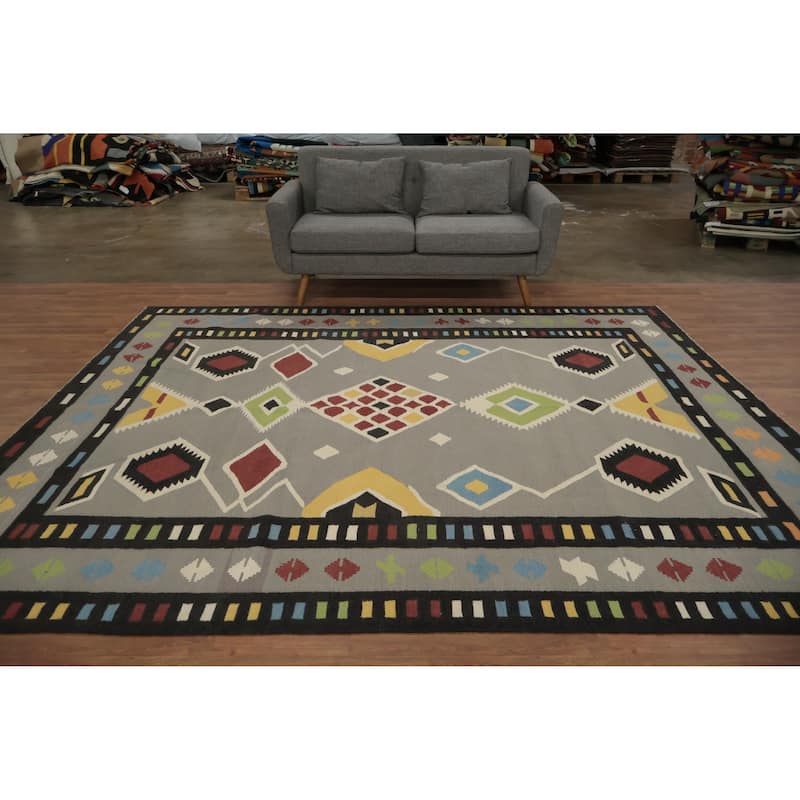 Hand Woven Oriental 100% Wool Carpet Southwestern Tribal Greys & Charcoal Kilim Area Rug - 10' 0'' X 8' 5''