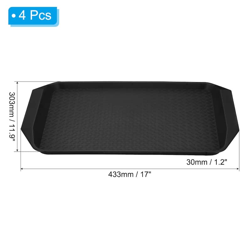 4Pcs Non-Silp Rectangle Plastic Fast Food Serving Tray 17" x 11.9" - Black
