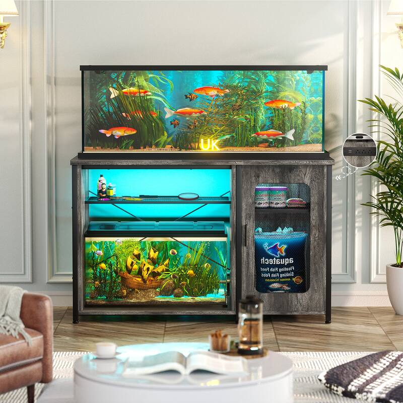 Aquarium Stand with USB Port and LED Light, Fish Tank Stand with Cabinet