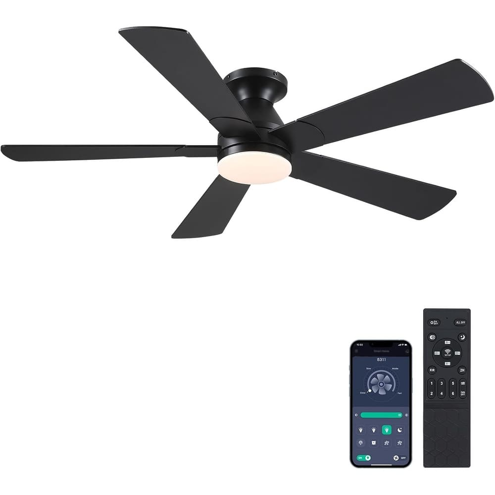 52 Inch Flush Mount Ceiling Fan with Light and Remote 5 Plywood Blades for Living Room Bedroom Patio - 52 Inches