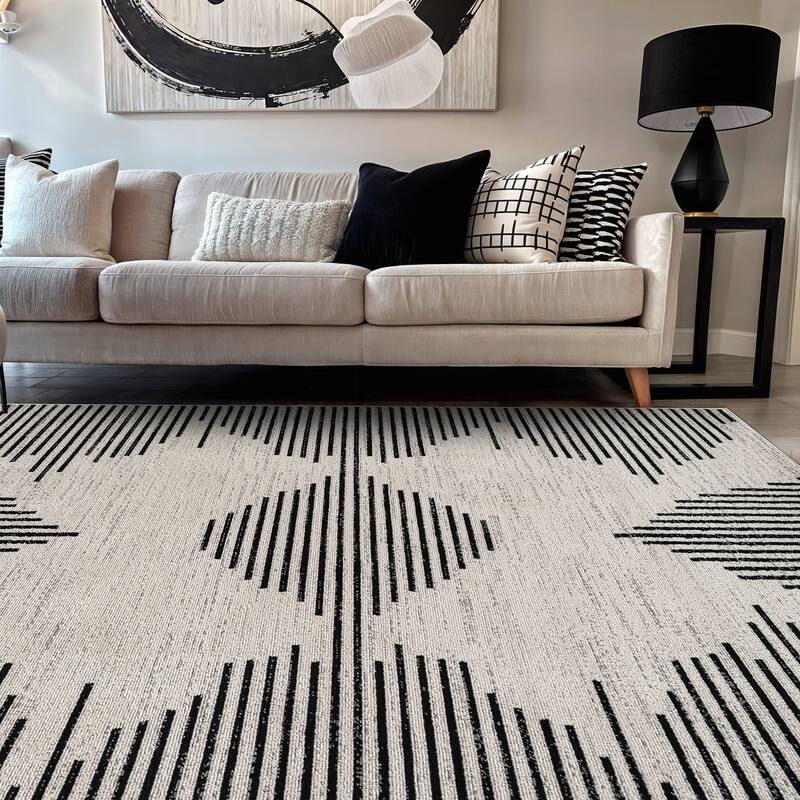 Modern Abstract Area Rug for Living Room, Bedroom, or Entryway - Low Pile Indoor Rug - Cream - 5' x 7'