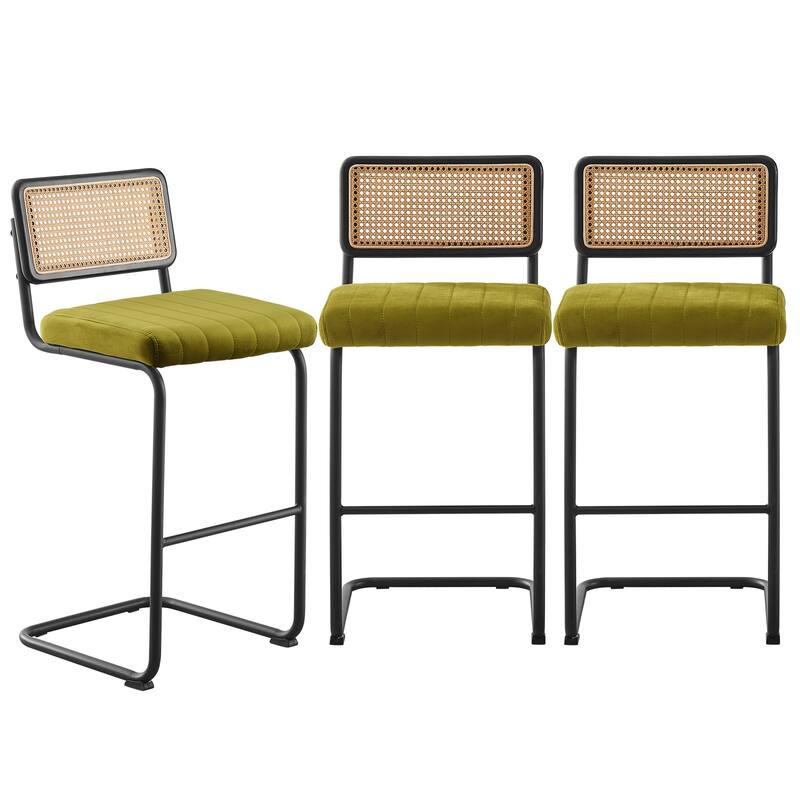 Velvet Upholstered Rattan Counter/Bar Stools, Set of 2/3 - Set of 3 - 30"Black Legs-Olive Green