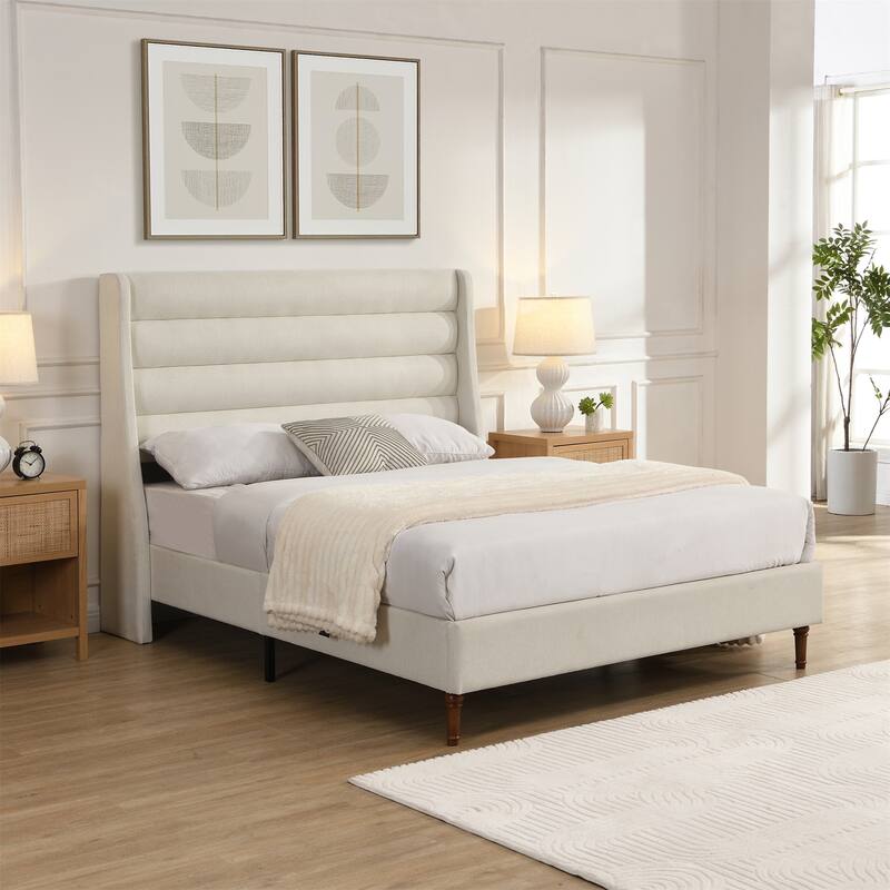 Queen Size Bed Frame High Headboard Upholstered Platform Bed