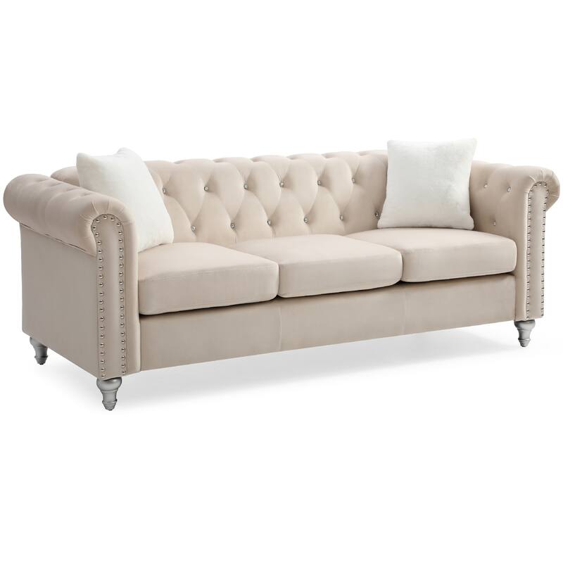 Tufted Faux Jewel Velvet 3-Seater Sofa with Throw Pillows - 83" - Beige