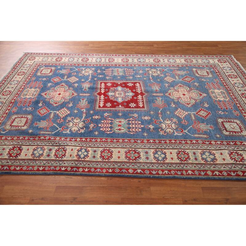 Geometric Kazak Area Rug Hand-Knotted Blue Wool Carpet - 6'7" x 9'8"